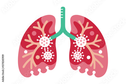 Lungs with Virus Cells Flat Design, Respiratory System, Anatomical, Biomedical