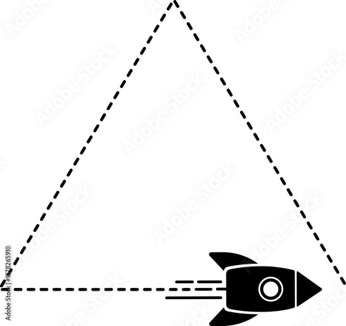 Rocket icon with a dashed line trail forming a triangle shape.
