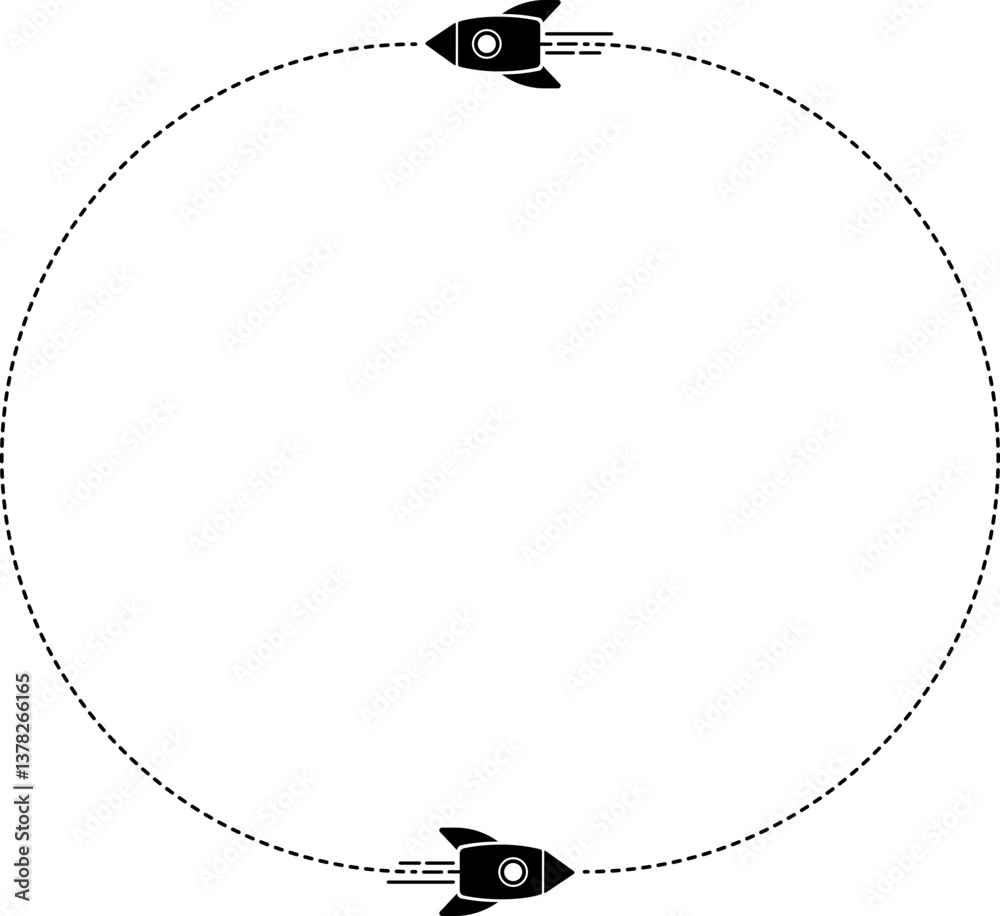 Fototapeta premium An icon of a rocket taking off with a dashed line trail forming two semicircles.