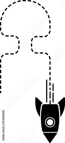 An icon of a rocket taking off with a dashed line trail forming two curved lines.