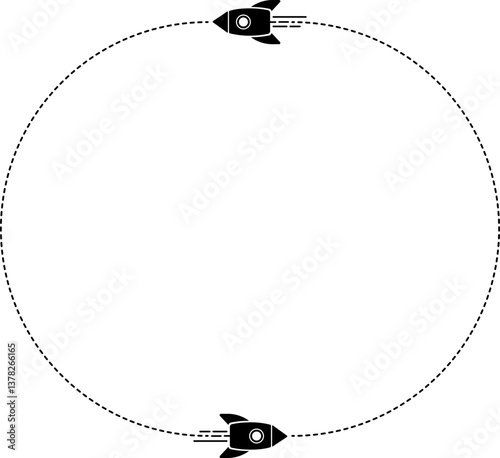 An icon of a rocket taking off with a dashed line trail forming two semicircles.