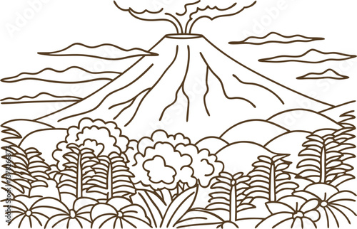 volcanic eruption illustration with forest landscape, clouds, and smoke nature, adventure, and exploration