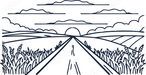 scenic countryside road at sunrise with wheat fields and cloudy skies in minimal line art