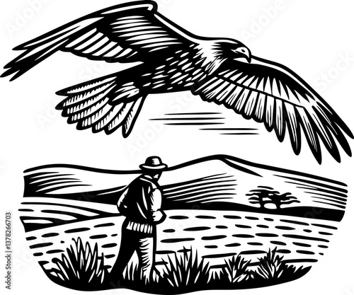 Eagle soaring above landscape man with cane walks in nature black and white illustration of freedom