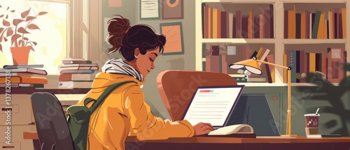 A view of young person using and sitting in front of a computer in the room at home by bookshelf.