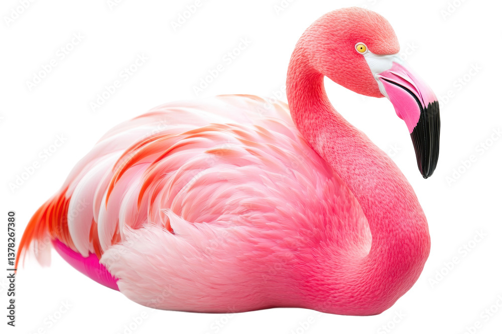 Fototapeta premium Vibrant pink flamingo resting with graceful plumage, cut out