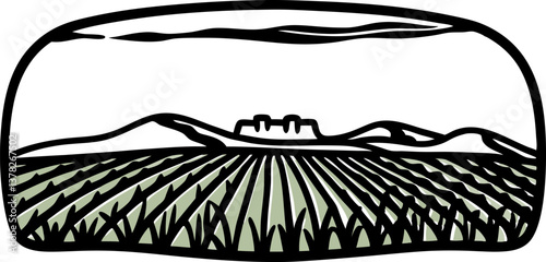 Scenic rural landscape with verdant fields and distant mountain range
