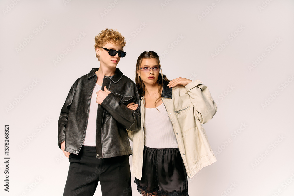 Stylish young couple showcases vibrant fashion in modern urban setting Stylish young couple showcases vibrant fashion in modern urban setting