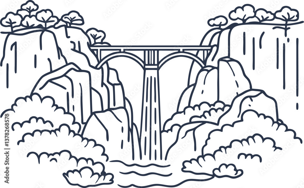 line art illustration of a scenic waterfall and bridge surrounded by cliffs and trees line art illustration of a scenic waterfall and bridge surrounded by cliffs and trees