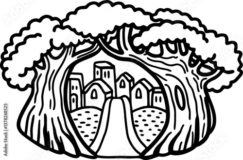 Enchanted forest illustration with village scene and pathway surrounded by trees