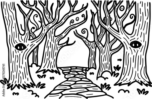 Enchanted forest path with eye decorated trees and winding stone walkway, mystical woodland art