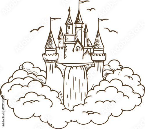 fantasy castle in the clouds, fairy tale dream landscape magical kingdom illustration with towers