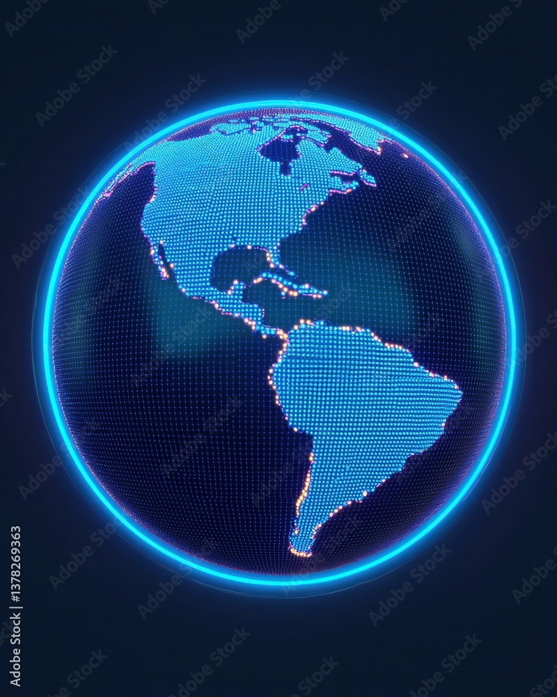 Fototapeta premium A digital illustration of a glowing Earth, showcasing the Americas with a blue pixelated design against a dark background.