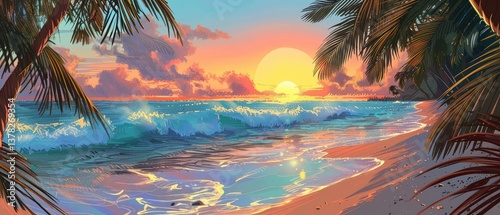A view of sunset on the sandy beach with big waves in the water and palms arround.