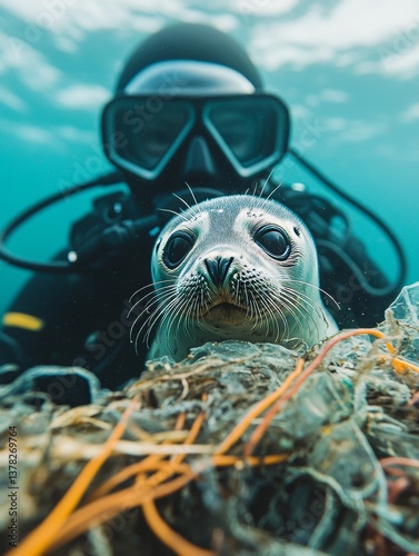 Obraz na płótnie Baby seal entangled in marine debris rescued by scuba diver during underwater cleanup mission w salonie