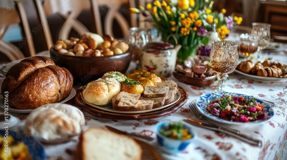 Festive Table Setting with Bread, Salad and Flower Arrangement Centerpieces