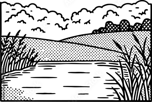 Tranquil countryside pond with grassy banks and cloudy sky in black and white illustration
