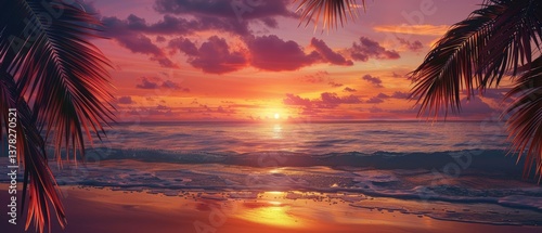 A view of sunset on the sandy beach with big waves in the water and palms arround.