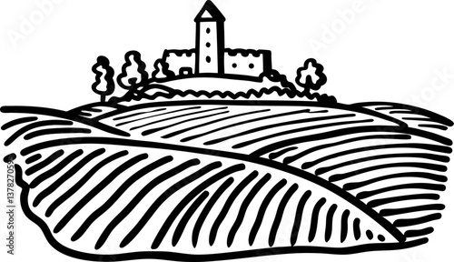 Monochrome landscape illustration with hilltop castle and scenic fields