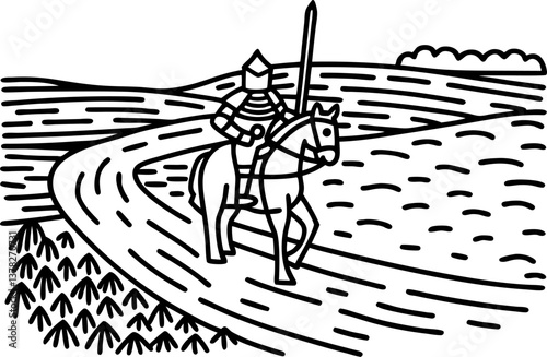 medieval knight on horseback, riding through countryside landscape, line art illustration