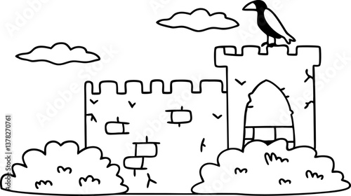 castle with crow perched on tower, surrounded by bushes and clouds medieval fortress illustration