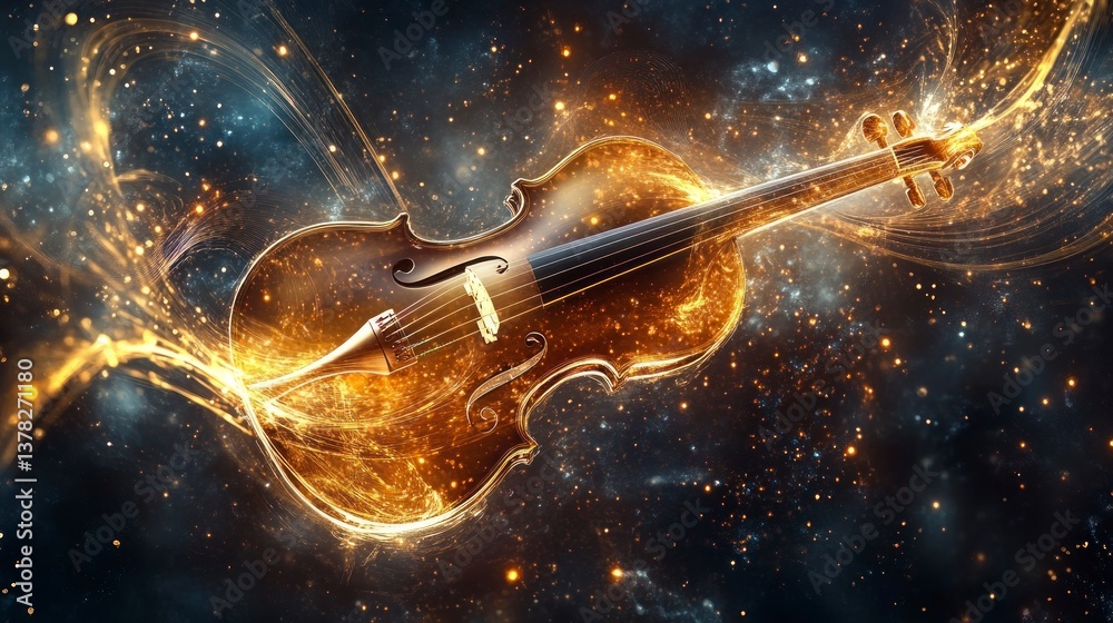 Fototapeta premium Glowing Violin Instrument with Abstract Light Streaks and Starry Background
