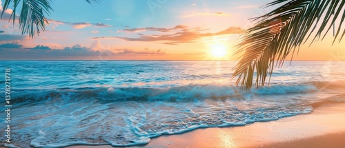Fototapeta Naklejka Na Ścianę i Meble -  A view of sunset on the sandy beach with big waves in the water and palms arround.