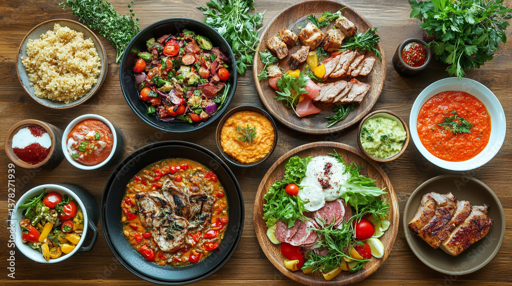 A wooden table filled with various dishes of food including meat vegetables and sauces overhead shot A wooden table filled with various dishes of food including meat vegetables and sauces overhead shot