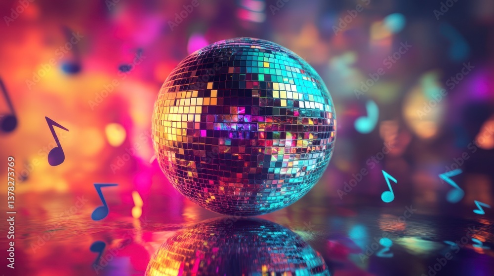 Obraz premium Shiny Disco Ball with Musical Notes for Party and Event Decoration