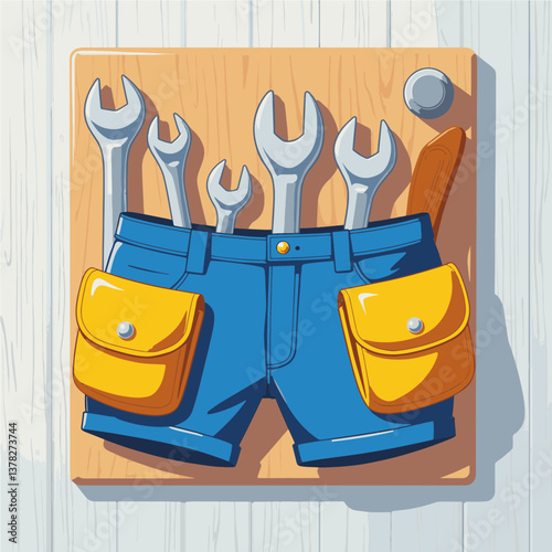 Colorful tool belt with wrenches on pegboard, creativity in design