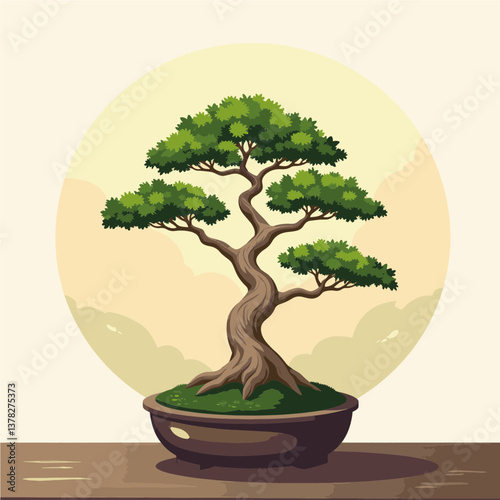 Symmetrical bonsai tree with emerald leaves, tranquility and growth