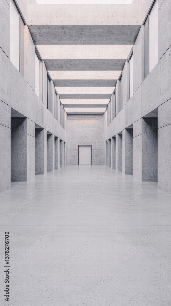 Obraz premium A minimalist interior space featuring gray walls, large openings for natural light, and a central doorway, creating a serene and spacious atmosphere.