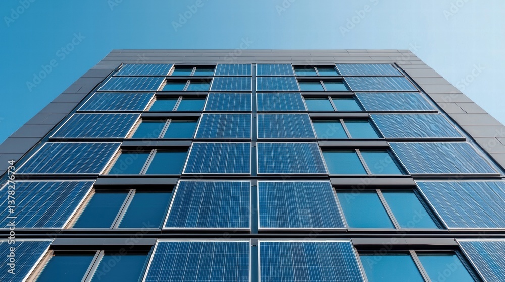 A modern building featuring solar panels and large windows, showcasing sustainable architecture against a clear blue sky. A modern building featuring solar panels and large windows, showcasing sustainable architecture against a clear blue sky.