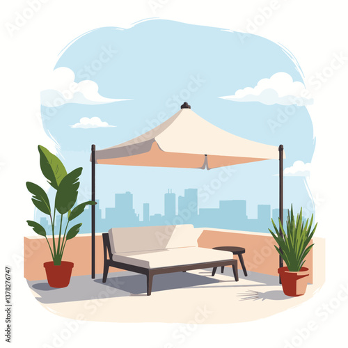Stylish rooftop terrace with canopy and plants, urban relaxation