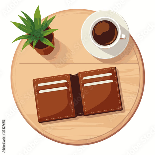 Vintage leather wallet on wooden table with coffee, everyday essentials