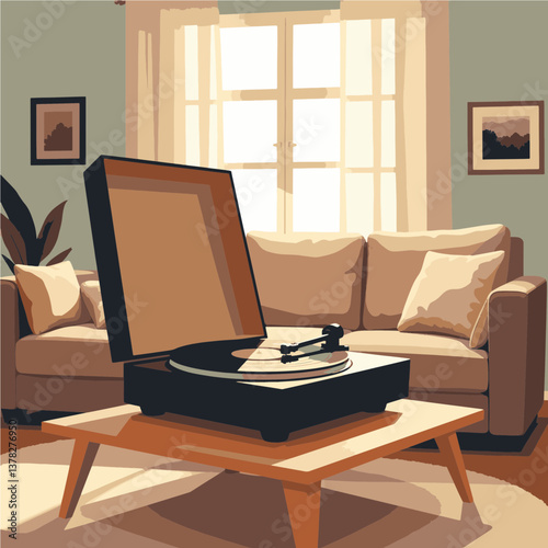 Vintage vinyl record player in cozy living room, home comfort