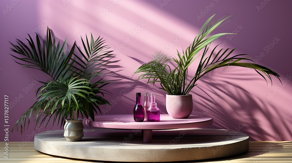Serene Minimalist Still Life with Palm Plants and Purple Bottles on Pink Background Serene Minimalist Still Life with Palm Plants and Purple Bottles on Pink Background