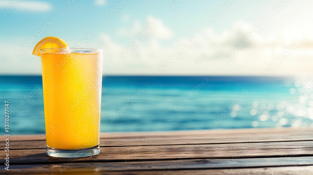 Summer refreshment: tropical drink by the ocean on wooden pier at sunset Summer refreshment: tropical drink by the ocean on wooden pier at sunset