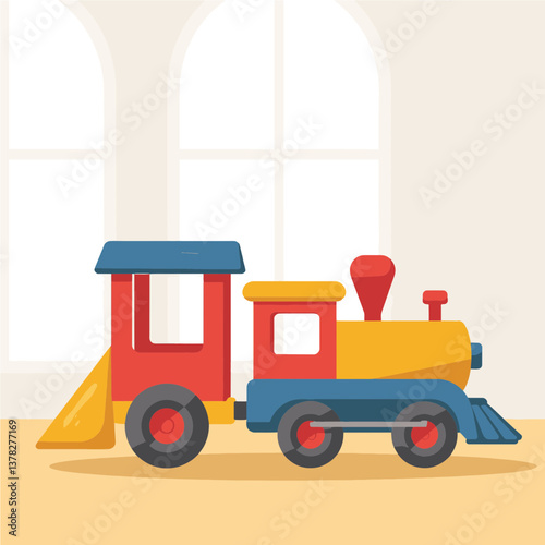Brightly colored toy train in sunny nursery, joyful playtime