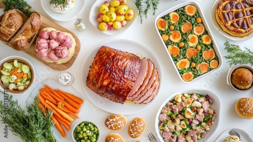 Festive Holiday Ham Dinner with Assorted Dishes Ready to Serve
