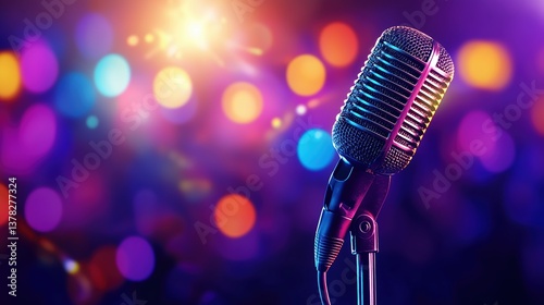 Vibrant colorful stage microphone illuminated by dynamic neon lights during energetic live performance at nightclub, with blurred audience and glowing bokeh background. Professional audio equipment fo