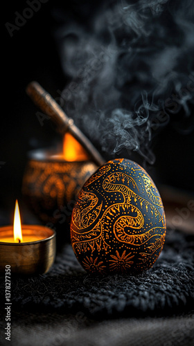 Orthodox Easter eggs with gold labyrinth motifs, brass censer and candles on wool rug, monastic charcoal-gray cultural scene
