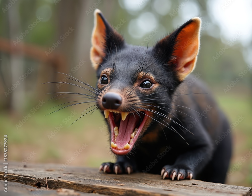 Portrait Tasmanian devil with open mouth. Black fur, pink mouth, sharp teeth. Marsupial animal, native to Tasmania. Endangered species, faces threats. Wildlife photography. Conservation, animal world. Portrait Tasmanian devil with open mouth. Black fur, pink mouth, sharp teeth. Marsupial animal, native to Tasmania. Endangered species, faces threats. Wildlife photography. Conservation, animal world.