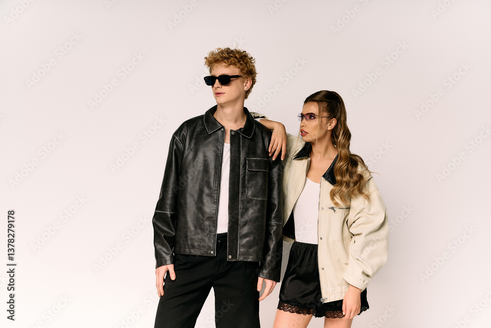 Young couple radiates love and style in a trendy modern setting under bright lights Young couple radiates love and style in a trendy modern setting under bright lights
