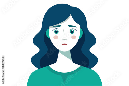 Flat of Pensive Woman with Blue Hair on White Background