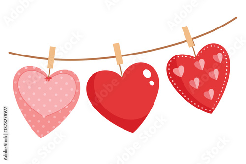 Hanging Hearts Clothespin Valentine Cartoon Pink & Red on White Background