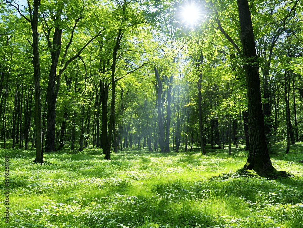 Fototapeta premium Sunlit Green Forest with Wildflowers