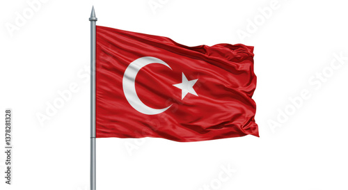 Isolated Waving Flag of Turkey on Pole