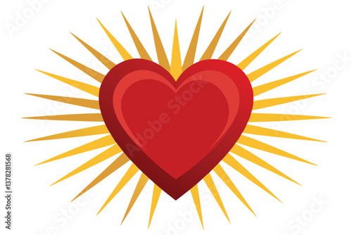 Red Heart with Golden Rays on White Background Symbolizing Love and Radiance Artistically