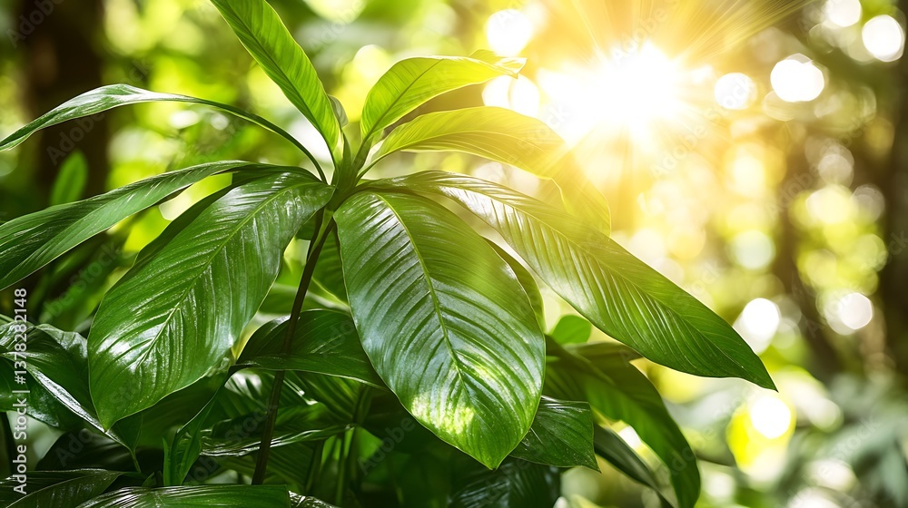 Fototapeta premium Lush green leaves of a plant are illuminated by bright sunlight